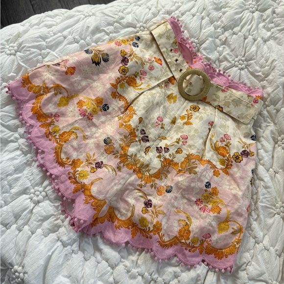 Zimmermann Pants - Zimmermann Pink Floral Scallop Hem Shorts with Gold Accents
